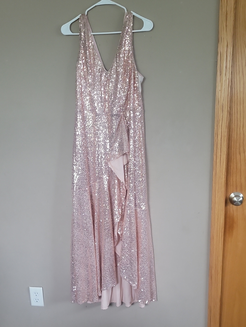 Grace Karin Rose Gold Sequin V-Neck Ruffle Gown
